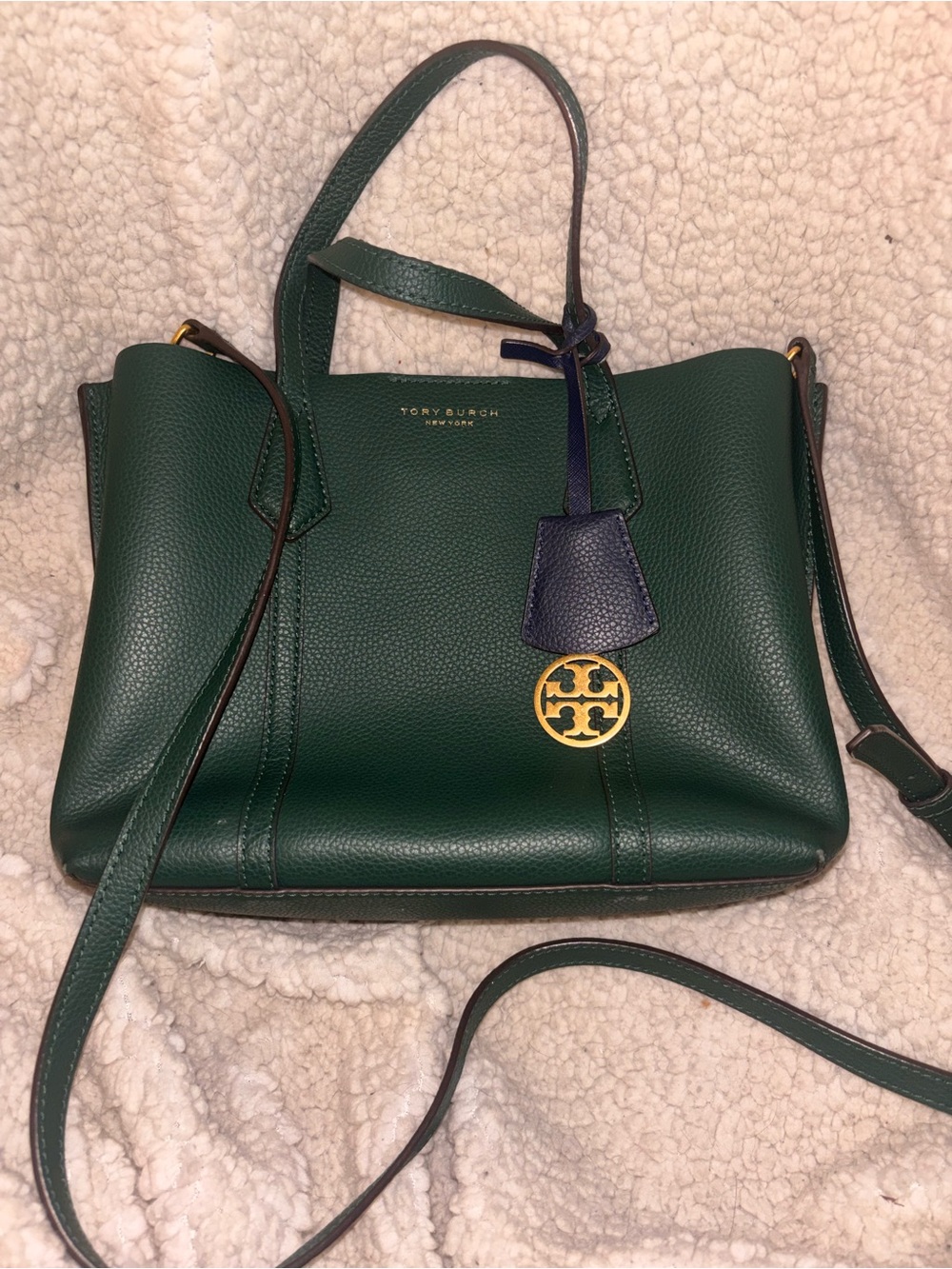 Tory Burch Small Perry Triple-Compartment Tote Deep Kelp Green Leather
